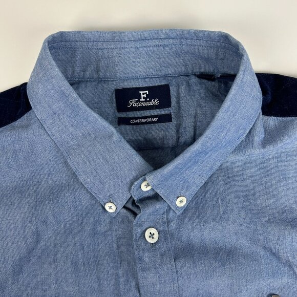 Faconnable Shirt Mens L Chambray Contempory Blue Corduroy Yoke Roll Tab Sleeve - Picture 4 of 16